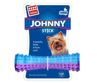 Purple and Blue cylinder shaped squeeking fun dog toy. Light enough to float.